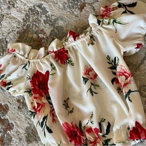 Fashion Nova Floral Off-Shoulder Crop Top - Red and Cream